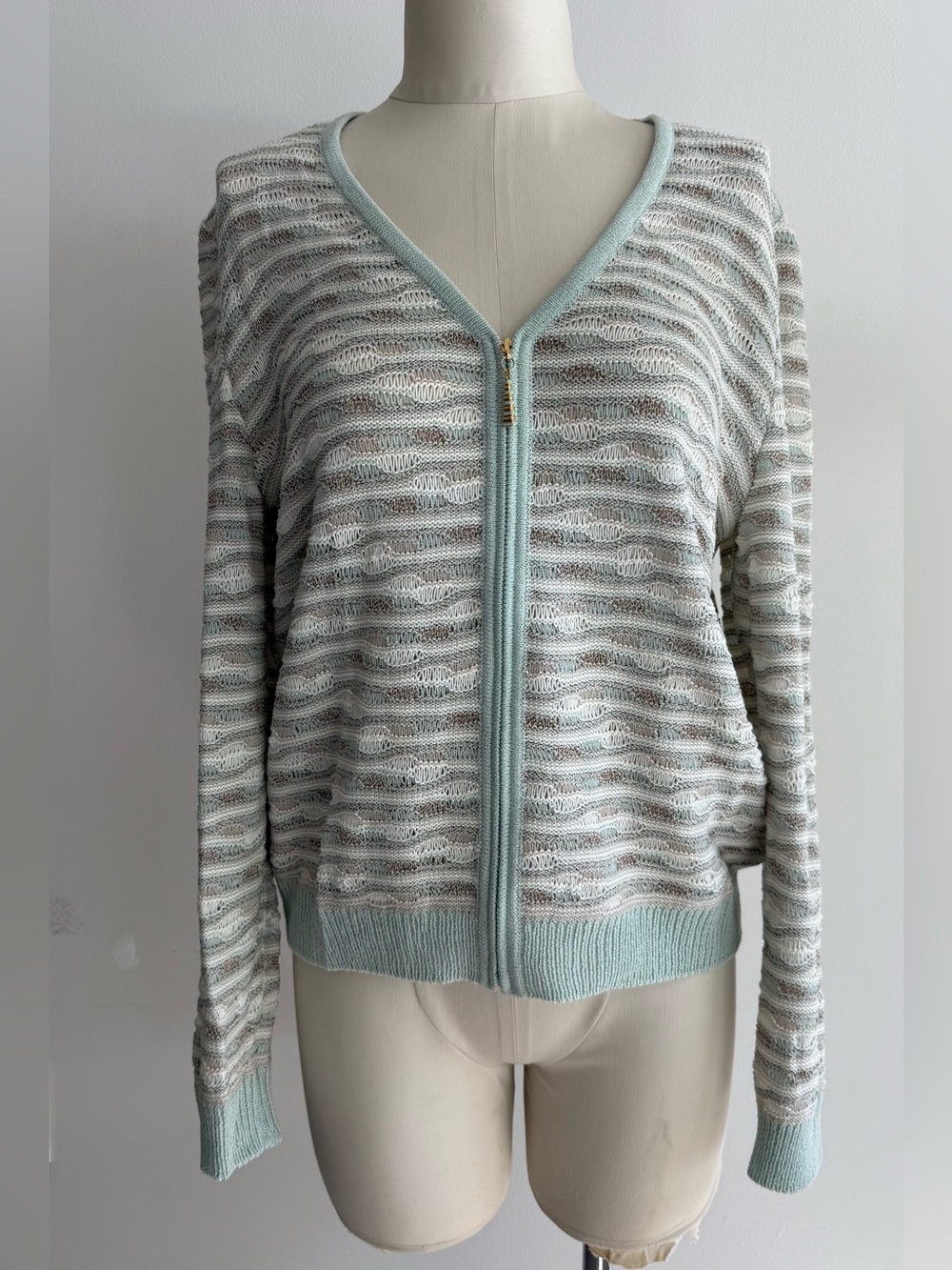 St John Sport Striped Mint-Trim V-Neck Zip Sweater